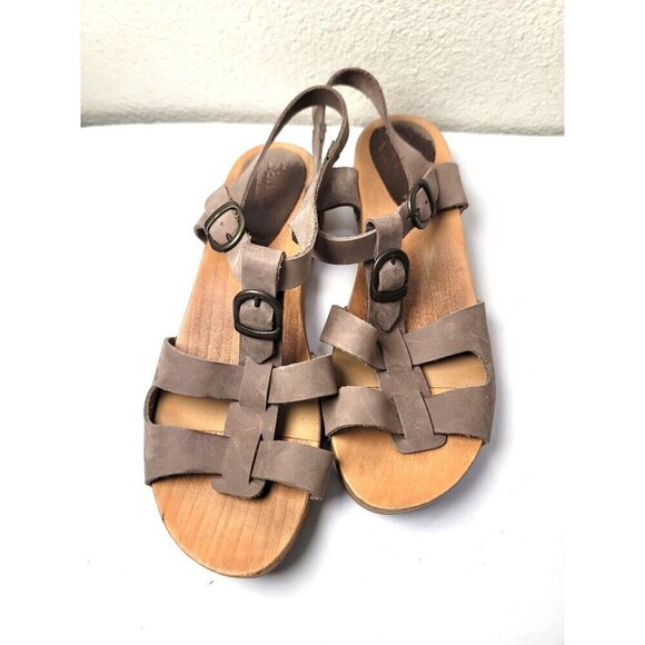 Sanita Taupe Ten Women’s Leather Wooden Sole Sandals Buckle Straps Size 38 US 7 - Picture 1 of 10